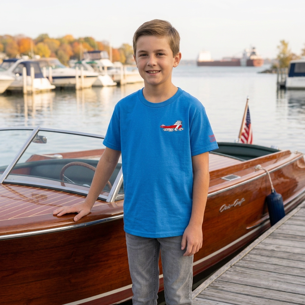 Boy wearing the TWAL blue youth Freighter t-shirt with a small freighter graphic on the chest, standing on a dock beside a wooden runabout boat at a marina with a freighter on the water behind him