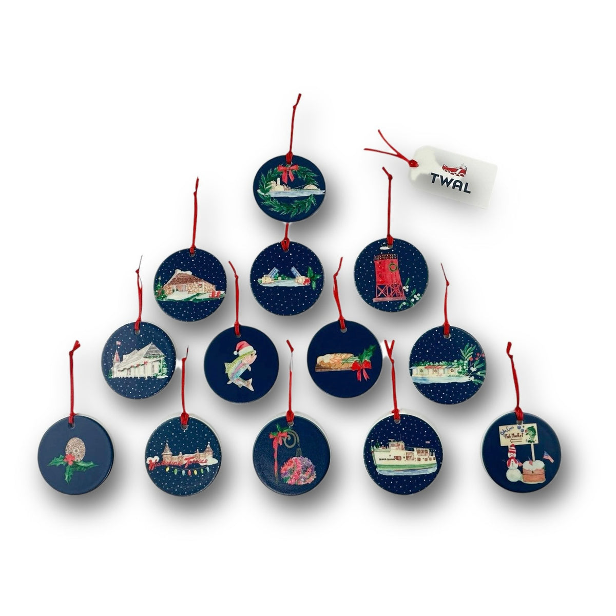 Fish Market ceramic Christmas ornament with red ribbon, Charlevoix, Michigan, by TWAL