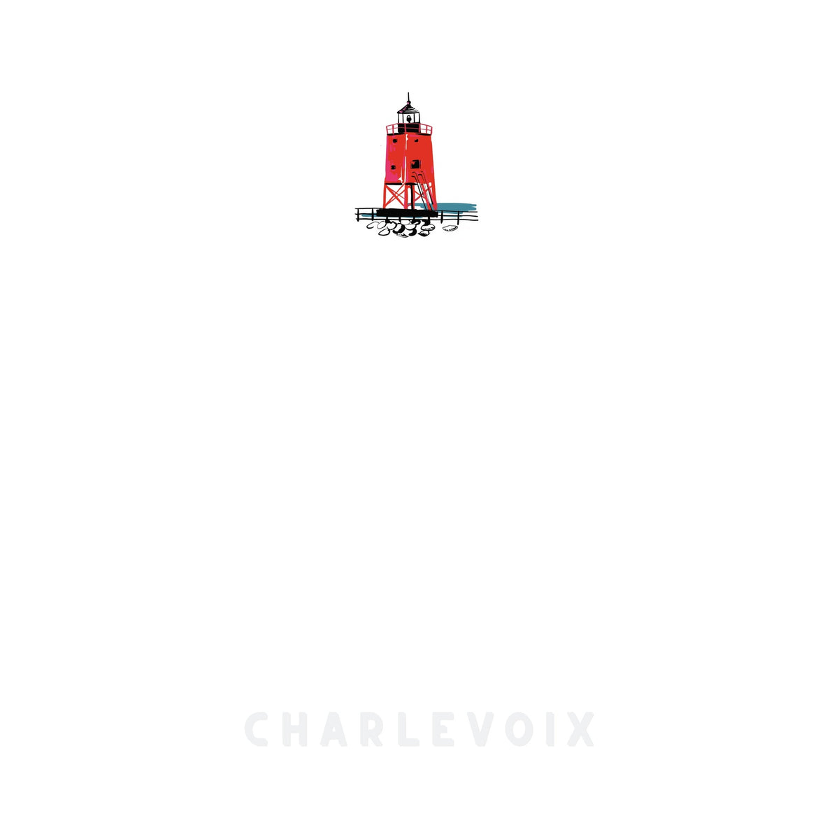 South Pier Lighthouse sticky note page by TWAL: small red lighthouse art at the top, CHARLEVOIX printed at the bottom