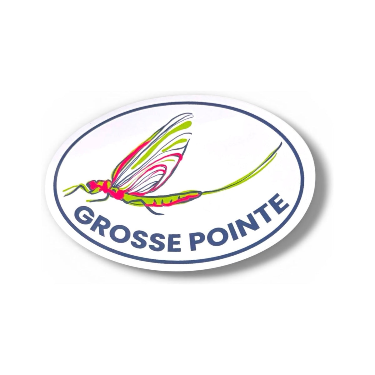 Fish Fly 5-inch oval vinyl sticker by TWAL: a hand-drawn mayfly with pink, green and navy wings inside a navy oval, with GROSSE POINTE below, Grosse Pointe Pop Art Collection