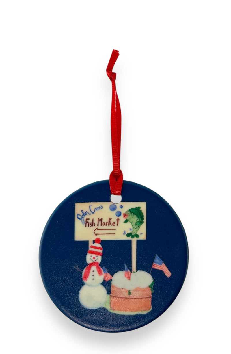 Fish Market ceramic Christmas ornament with red ribbon, Charlevoix, Michigan, by TWAL