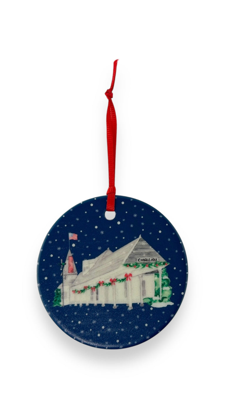 Depot Beach ceramic Christmas ornament with red ribbon, Charlevoix, Michigan, by TWAL