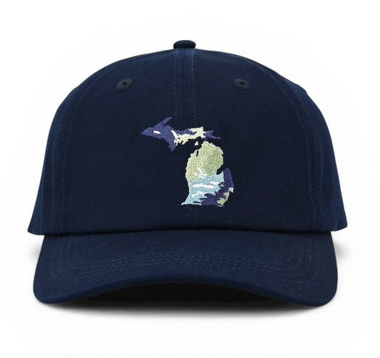 PRE-ORDER: UP NORTH - POP ART PLACES - 100% Cotton Baseball Hat - Michigan Map - Deep Harbor Blue
