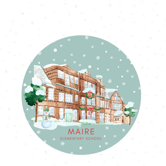 Maire Elementary ceramic Christmas ornament with red ribbon, Grosse Pointe, Michigan, by TWAL