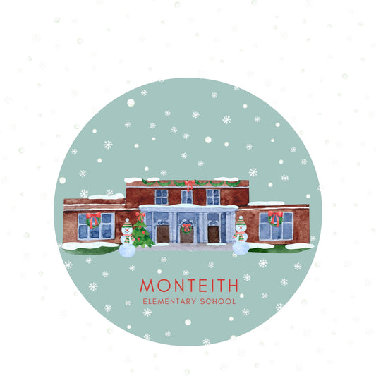 Monteith Elementary ceramic Christmas ornament with red ribbon, Grosse Pointe Woods, Michigan, by TWAL