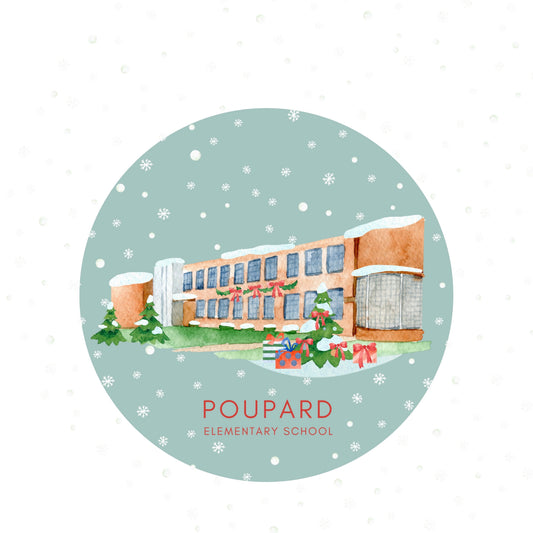 Poupard Elementary ceramic Christmas ornament with red ribbon, Grosse Pointe, Michigan, by TWAL