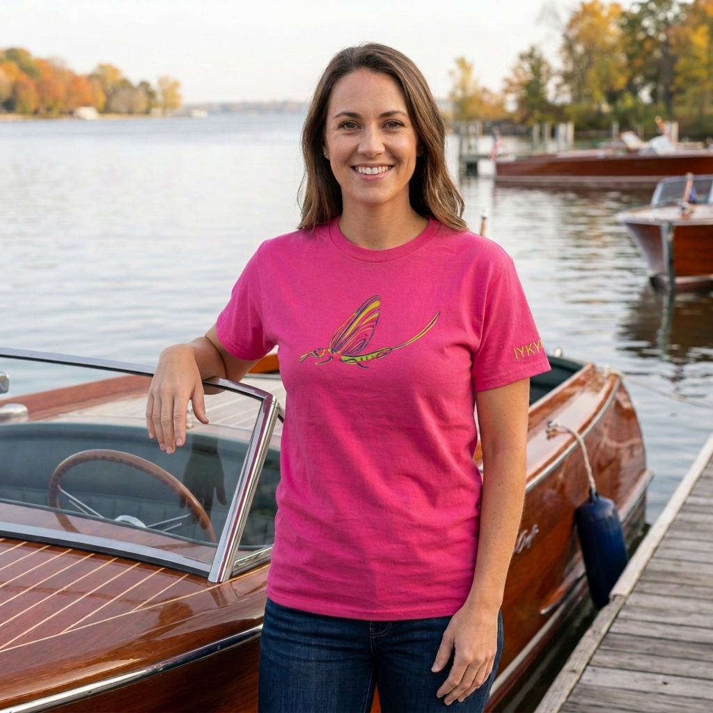 Adult Fish Fly tee with hand resting on the boat windshield frame