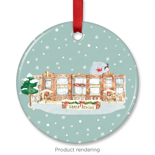 Defer Elementary School ceramic Christmas ornament with red ribbon, product rendering, Grosse Pointe, Michigan, by TWAL