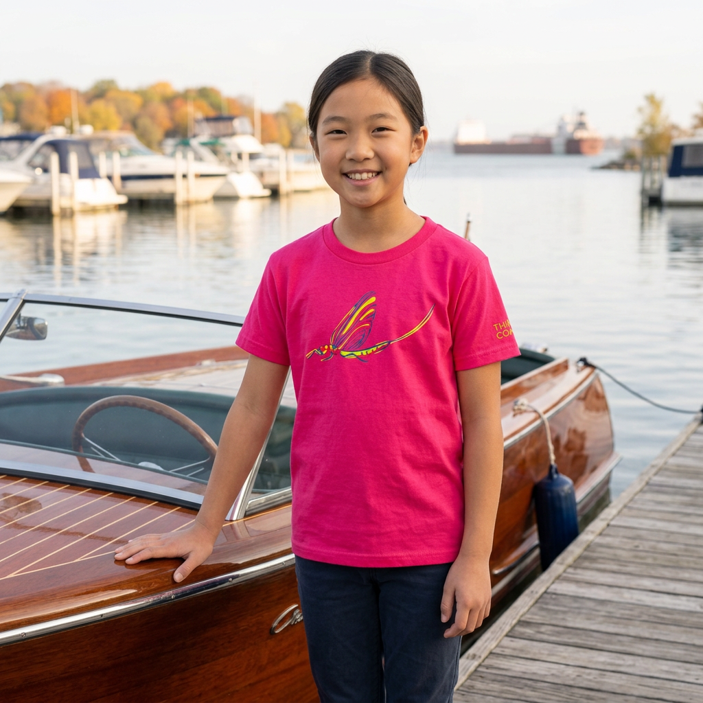 Girl wearing the TWAL pink youth Fish Fly t-shirt with a colorful fish fly graphic on the chest and IYKYK sleeve text, standing on a dock beside a wooden runabout boat at a marina with a freighter on the water behind her
