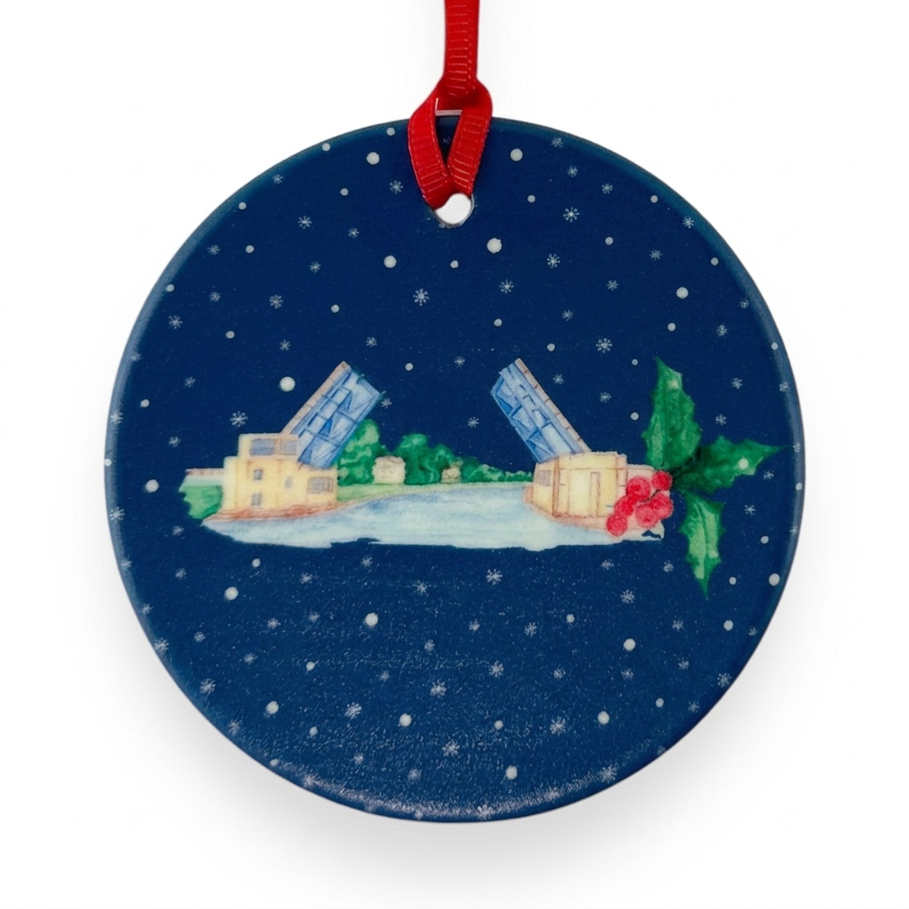 Charlevoix Drawbridge ceramic Christmas ornament close-up on white background