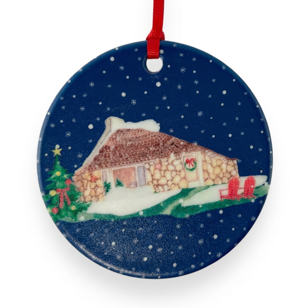 Earl Young House ceramic Christmas ornament close-up on white background