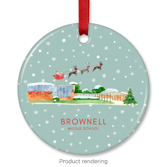 Brownell Middle School ceramic Christmas ornament with red ribbon, product rendering, Grosse Pointe, Michigan, by TWAL