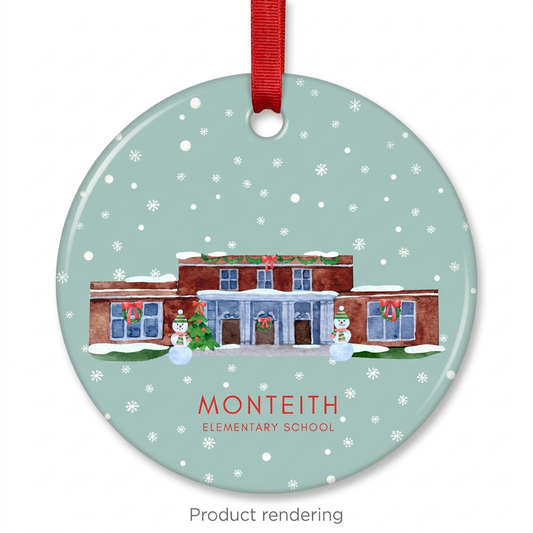 Monteith Elementary School ceramic Christmas ornament with red ribbon, product rendering, Grosse Pointe, Michigan, by TWAL
