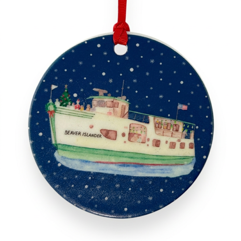 Beaver Islander ceramic Christmas ornament close-up on white background