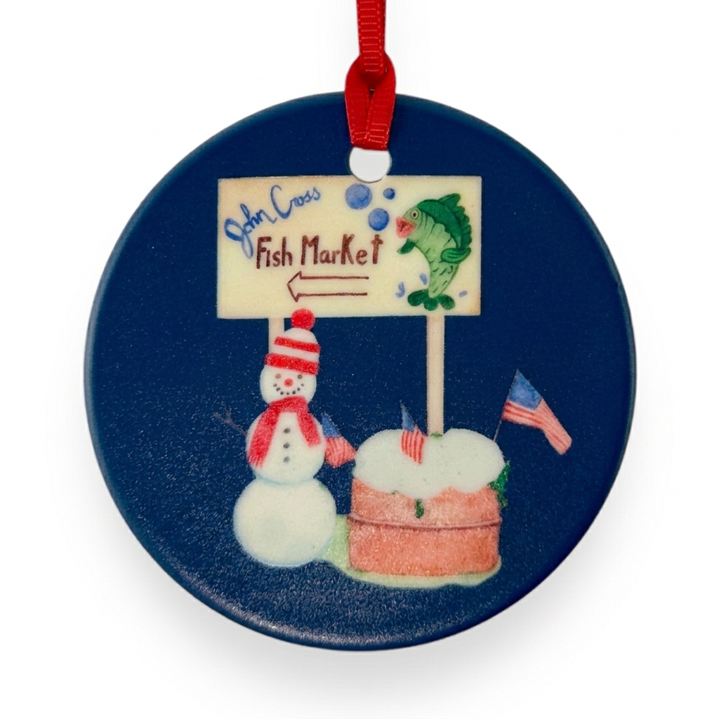 Charlevoix Fish Market ceramic Christmas ornament close-up on white background