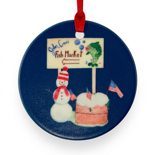Charlevoix Fish Market ceramic Christmas ornament close-up on white background