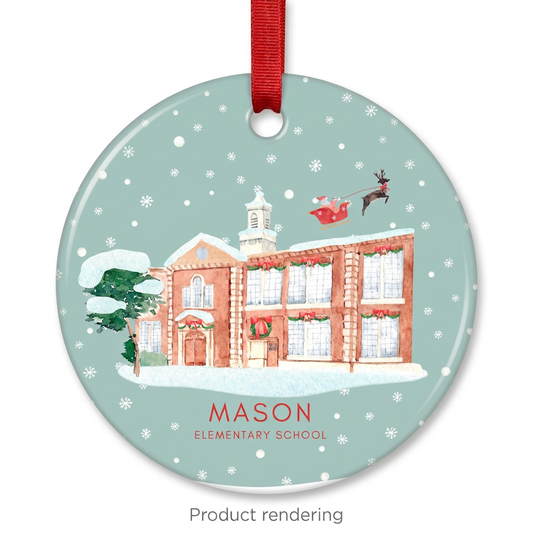 Mason Elementary School ceramic Christmas ornament with red ribbon, product rendering, Grosse Pointe, Michigan, by TWAL