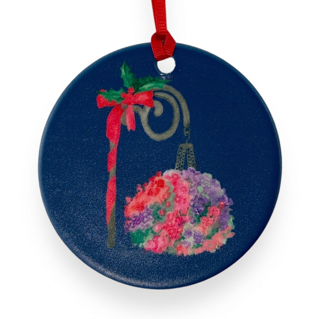 Charlevoix Petunias ceramic Christmas ornament close-up on white background