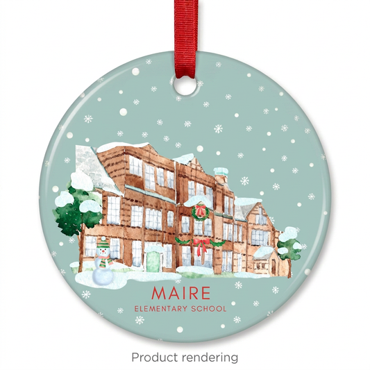 Maire Elementary School ceramic Christmas ornament with red ribbon, product rendering, Grosse Pointe, Michigan, by TWAL