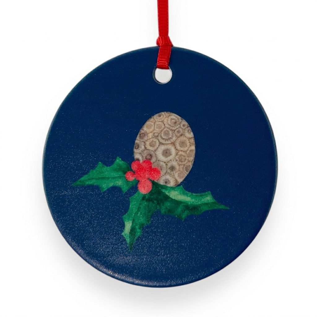 Petoskey Stone ceramic Christmas ornament close-up on white background