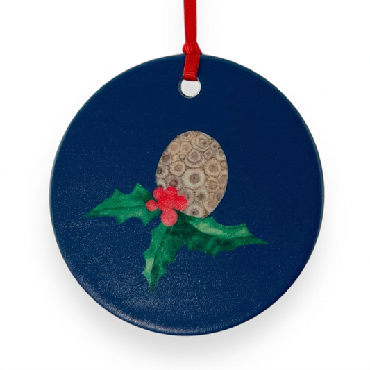 Petoskey Stone ceramic Christmas ornament close-up on white background
