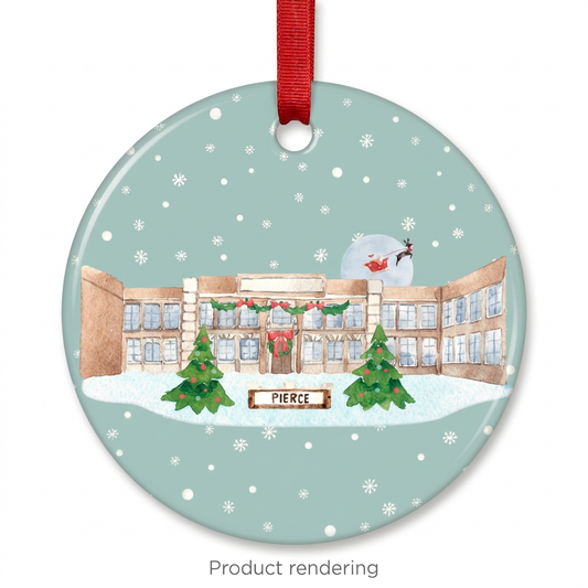 Pierce Middle School ceramic Christmas ornament with red ribbon, product rendering, Grosse Pointe, Michigan, by TWAL