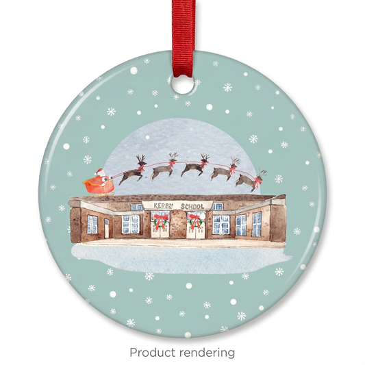 Kerby Elementary School ceramic Christmas ornament with red ribbon, product rendering, Grosse Pointe, Michigan, by TWAL