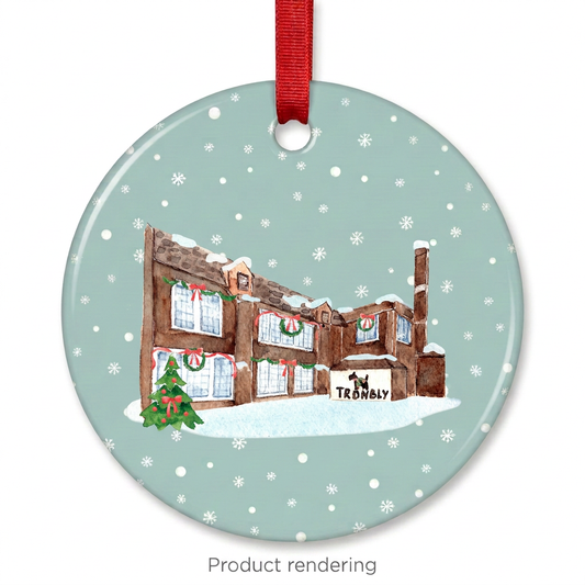 Trombly Elementary School ceramic Christmas ornament with red ribbon, product rendering, Grosse Pointe, Michigan, by TWAL