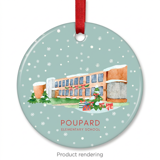 Poupard Elementary School ceramic Christmas ornament with red ribbon, product rendering, Grosse Pointe, Michigan, by TWAL