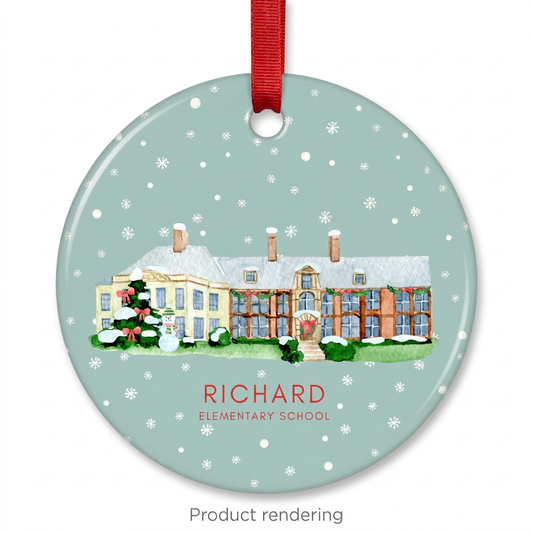 Richard Elementary School ceramic Christmas ornament with red ribbon, product rendering, Grosse Pointe, Michigan, by TWAL