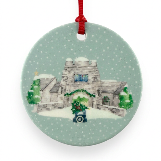 Ford House ceramic Christmas ornament close-up on white background, by TWAL