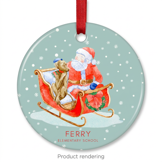 Ferry Elementary School ceramic Christmas ornament with red ribbon, product rendering, Grosse Pointe, Michigan, by TWAL