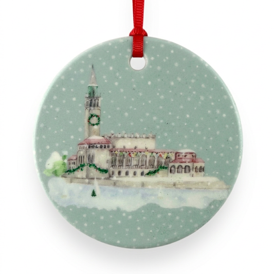 Grosse Pointe Yacht Club ceramic Christmas ornament close-up on white background, by TWAL
