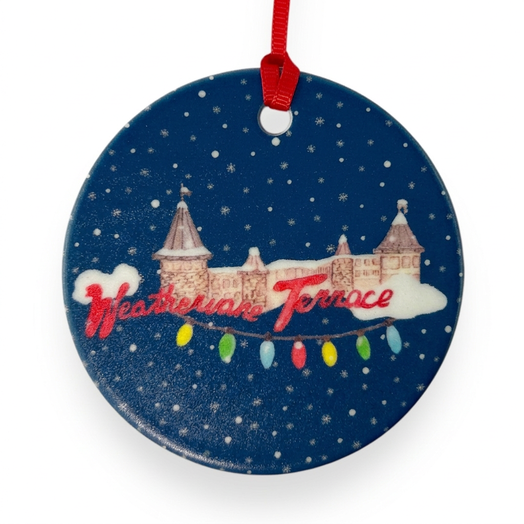 The Weathervane ceramic Christmas ornament close-up on white background