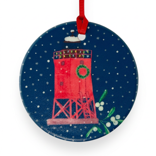 Charlevoix Lighthouse ceramic Christmas ornament close-up on white background