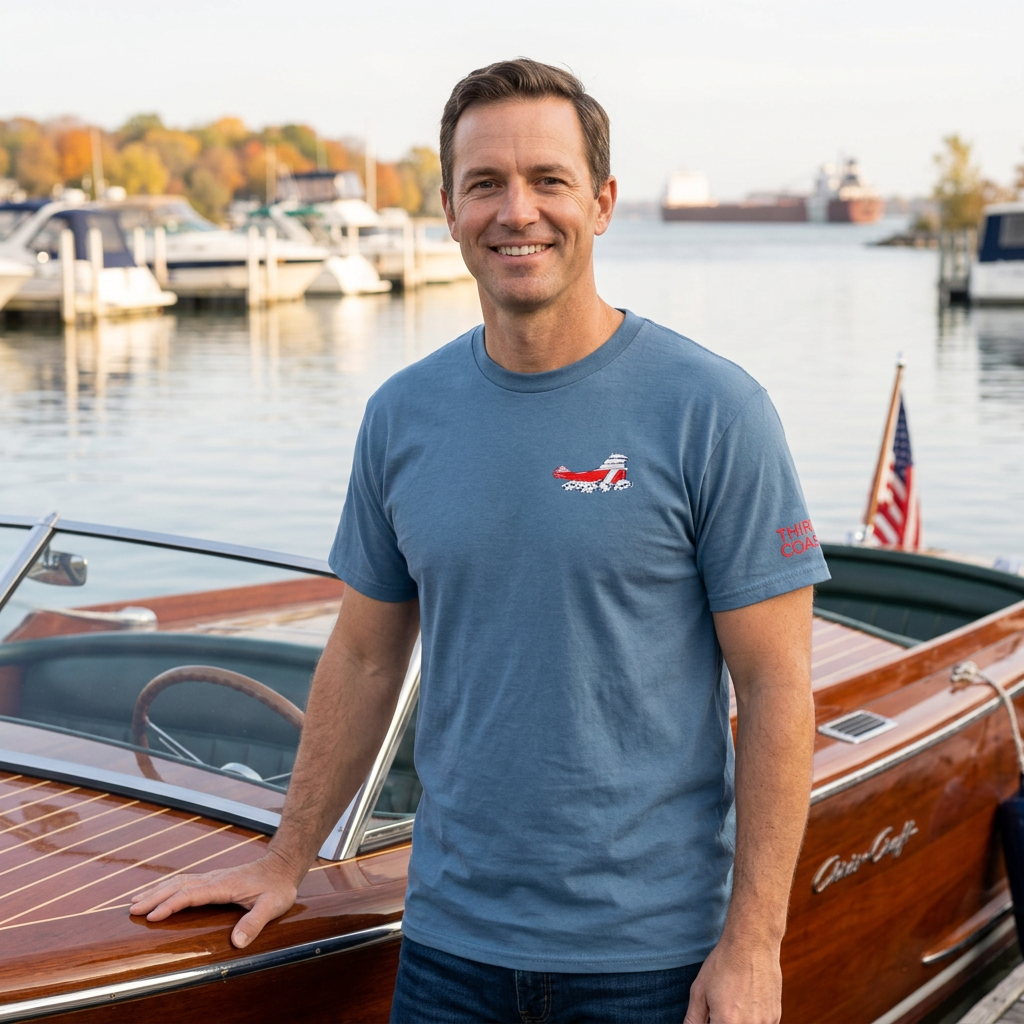 Man wearing the TWAL blue Freighter t-shirt with a small freighter graphic on the chest and Third Coast sleeve text, standing beside a wooden runabout boat at a marina with a freighter on the water behind him
