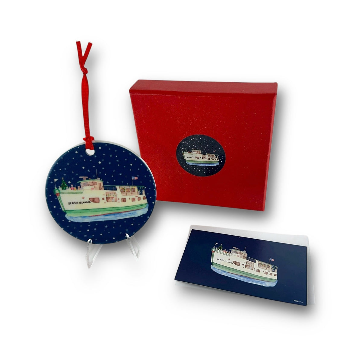 Beaver Islander ceramic Christmas ornament with red ribbon, Charlevoix, Michigan, by TWAL