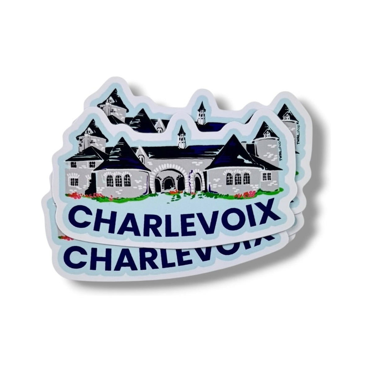 Stack of Castle Farms 3-inch vinyl stickers by TWAL