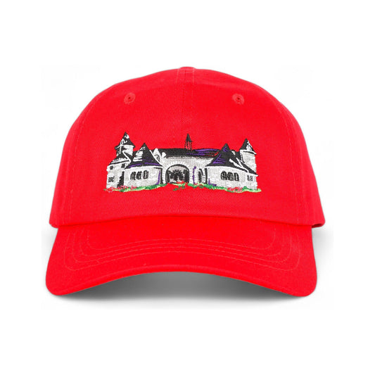 Front of the Castle Farms regular fit cotton baseball cap by TWAL in Michigan Cherry Red, with the embroidered Castle Farms design, Charlevoix Pop Art Collection