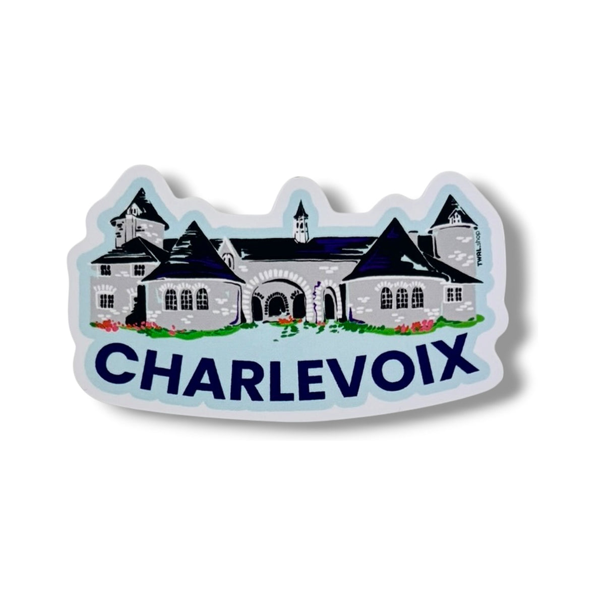 Castle Farms 3-inch vinyl sticker by TWAL: the gray stone castle with dark roofs and red flowers, with CHARLEVOIX below, Charlevoix Pop Art Collection