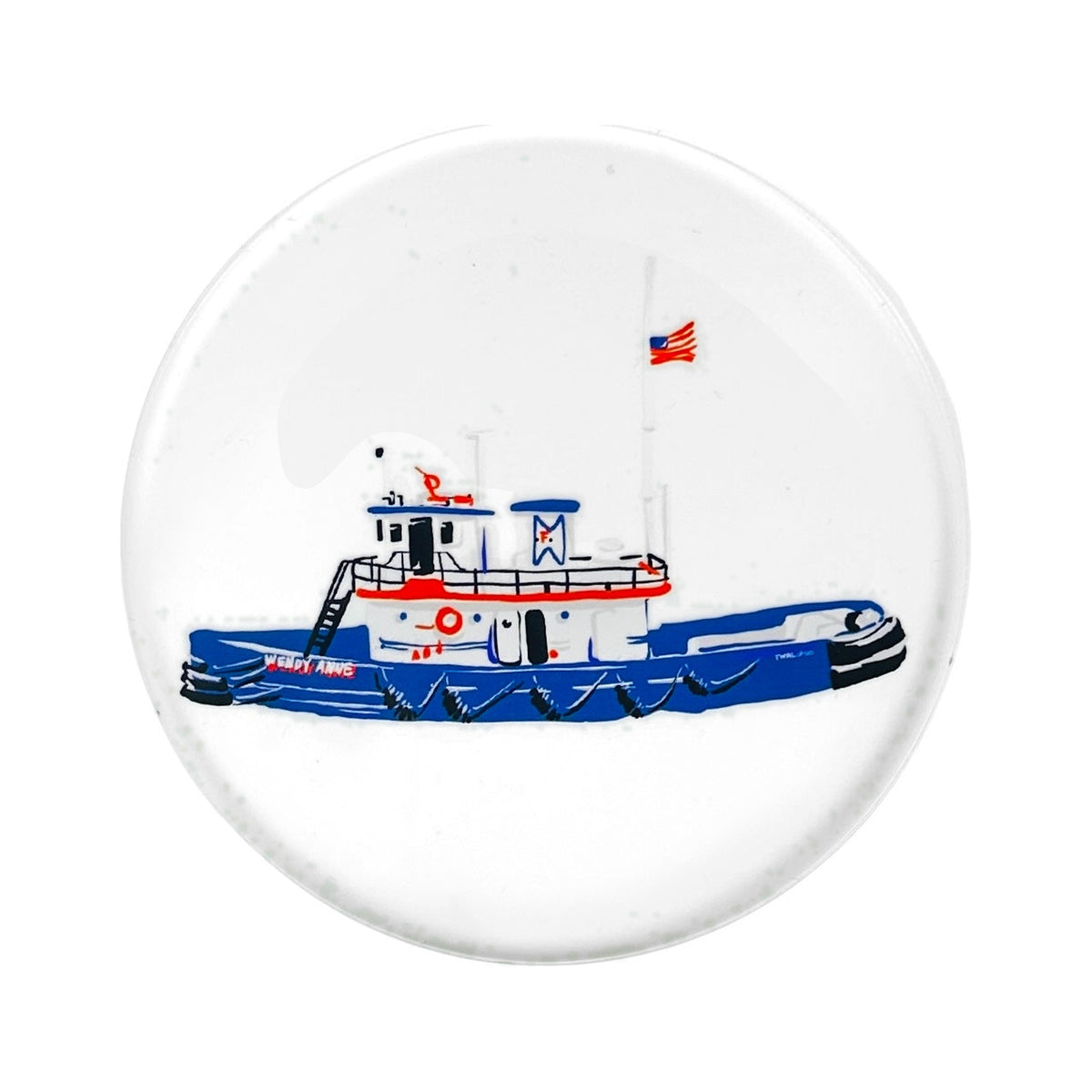 Wendy Anne tug boat lucite coaster by TWAL: a blue and white tug flying an American flag