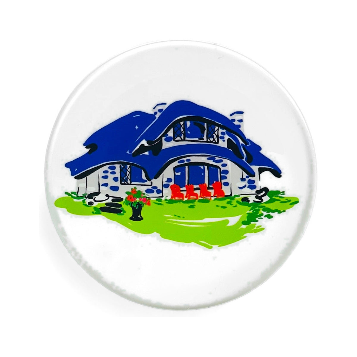 Earl Young House lucite coaster by TWAL: a stone Mushroom House with a wavy blue roof, red chairs and green lawn