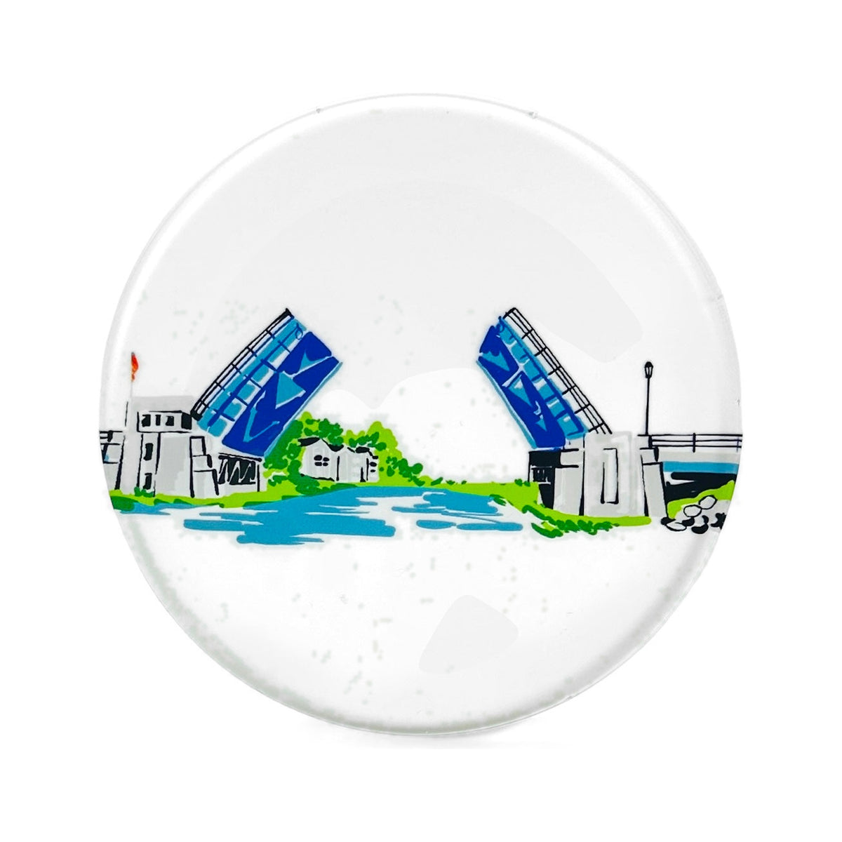 Charlevoix Drawbridge lucite coaster by TWAL: the blue bridge raised over the channel