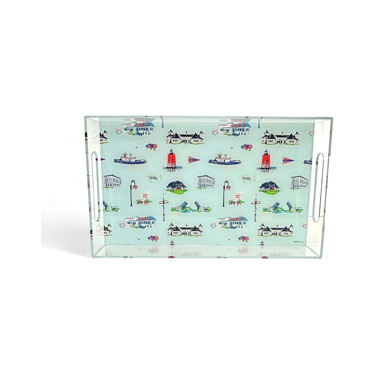 Large clear lucite tray by TWAL with cut-out handles, printed with the Charlevoix toile pattern of local landmarks, including the South Pier Lighthouse, drawbridge, tug boats and cottages, on light mint, Charlevoix Pop Art Collection