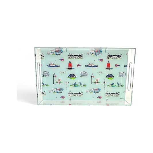 Large clear lucite tray by TWAL with cut-out handles, printed with the Charlevoix toile pattern of local landmarks, including the South Pier Lighthouse, drawbridge, tug boats and cottages, on light mint, Charlevoix Pop Art Collection