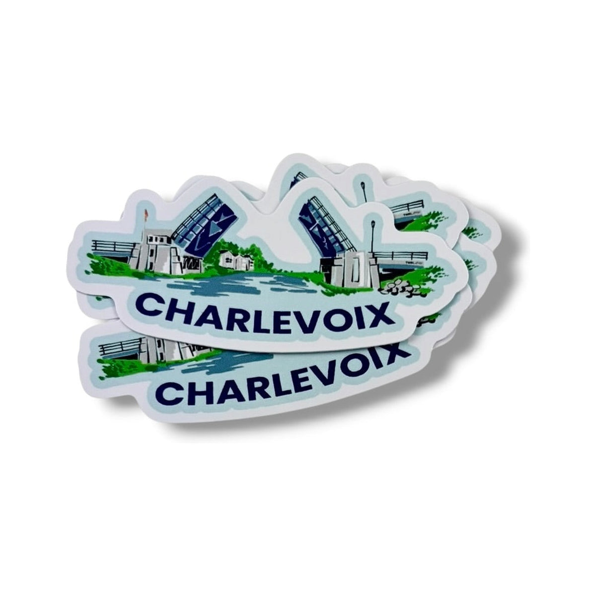 Stack of Drawbridge 3-inch vinyl stickers by TWAL
