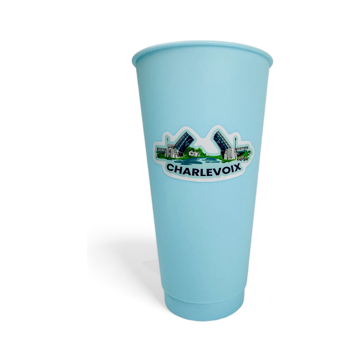 Drawbridge vinyl sticker by TWAL on a light blue tumbler