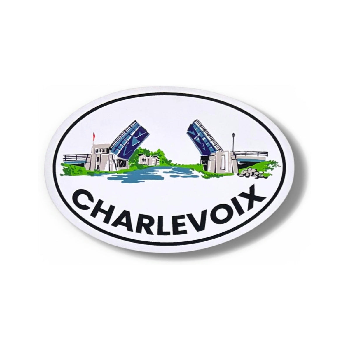 Drawbridge 5-inch oval vinyl sticker by TWAL: the Charlevoix drawbridge raised over blue water inside a navy oval, with CHARLEVOIX below, Charlevoix Pop Art Collection