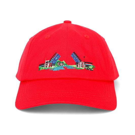 Front of the Drawbridge petite fit cotton baseball cap by TWAL in Michigan Cherry Red, with the embroidered Drawbridge design, Charlevoix Pop Art Collection
