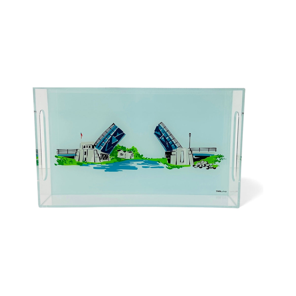 Medium clear lucite tray by TWAL with cut-out handles, printed with the Charlevoix drawbridge on a light mint background, Charlevoix Pop Art Collection